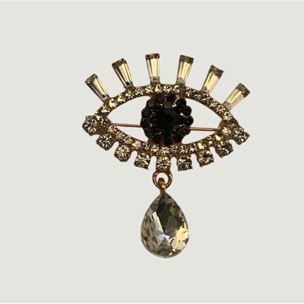 Gold Tone Evil Eye Rhinestone Brooch Pin Crystal Teardrop Charm Baguette Eyelash